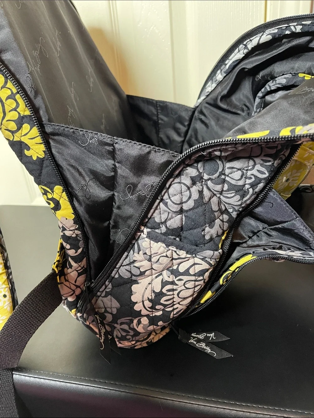 Vera Bradley Black Travel Backpack with Yellow, Gray & Cream Floral Print